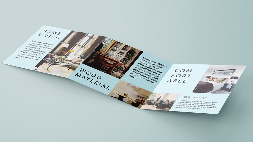 Desain brosur untuk jasa desain rumah, desain interior dan arsitektur dengan bahan kayu