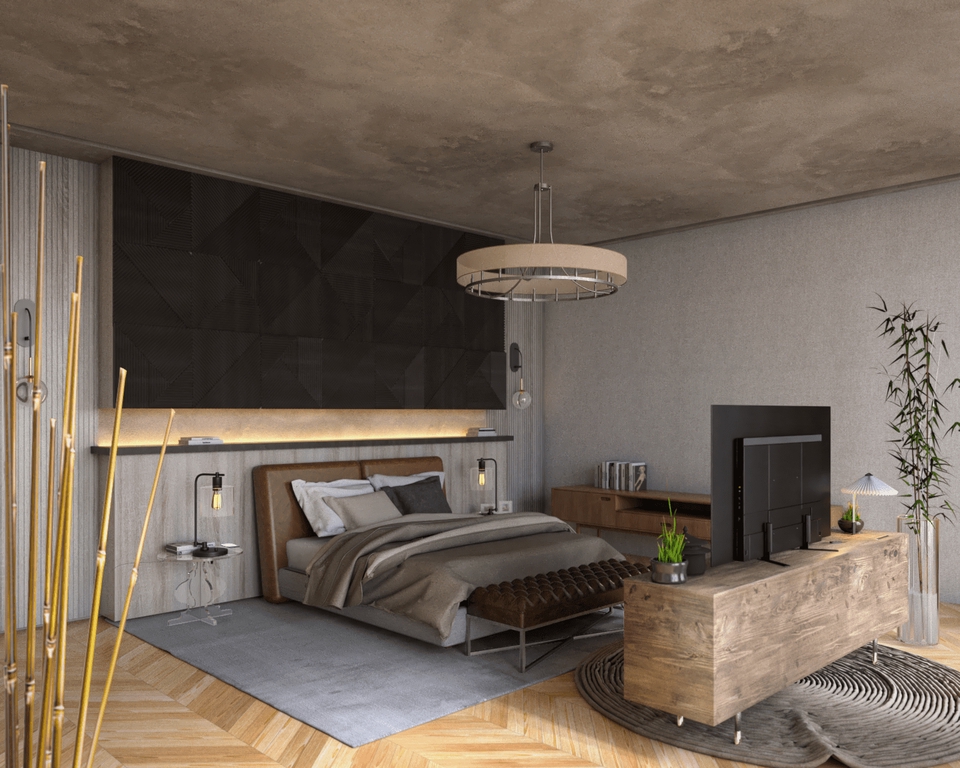 Desain interior kamar tidur minimalis modern dengan lampu gantung dan sofa kayu