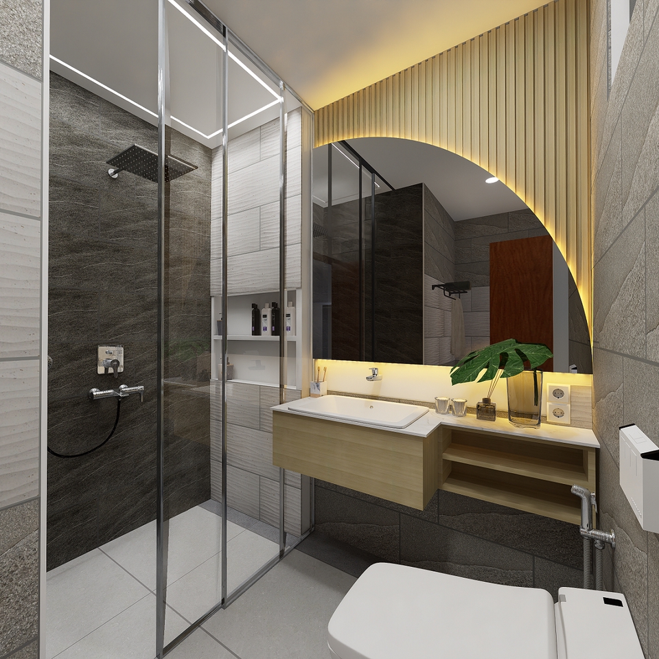 Jasa desain interior kamar mandi minimalis dengan shower dan toilet.
