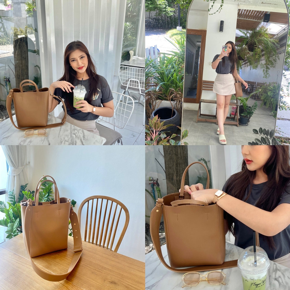 รับเขียนรีวิวสินค้าแฟชั่น กระเป๋าถือสีน้ำตาลสไตล์มินิมอล พร้อมเครื่องดื่มสำหรับผู้หญิง