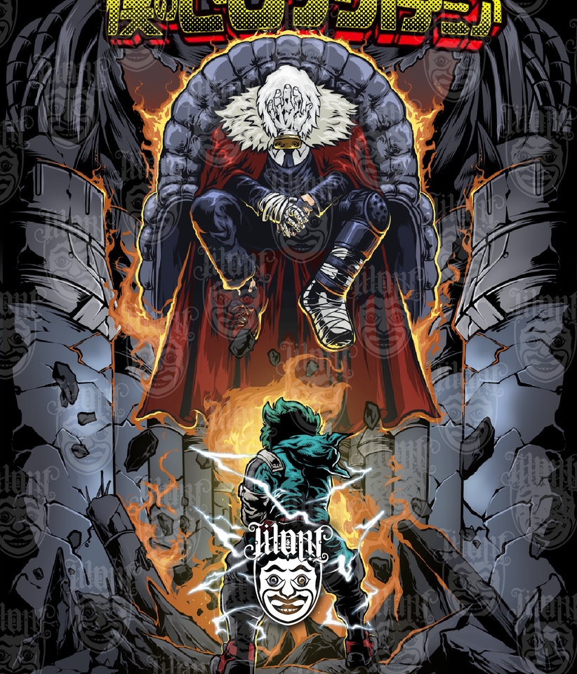 Ilustrasi digital karakter anime pria dengan desain futuristik dan api di latar belakang