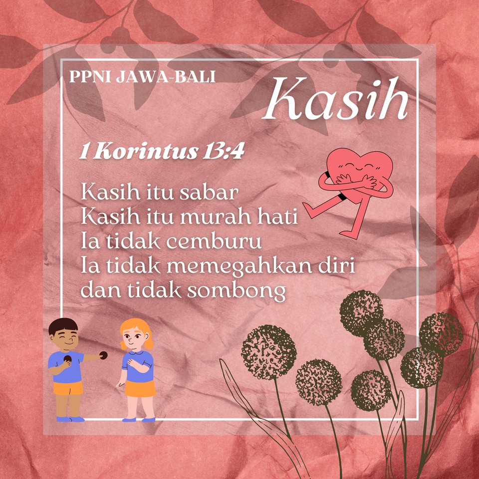 Infografis dengan tema kasih 1 Korintus 13:4, cocok untuk membuat infografis tentang cinta dan kasih sayang. Desain infographic dengan icon hati yang imut dan desain minimalis membuat visualisasi lebih menarik. Jasa desain infografis murah dan berkualitas.
