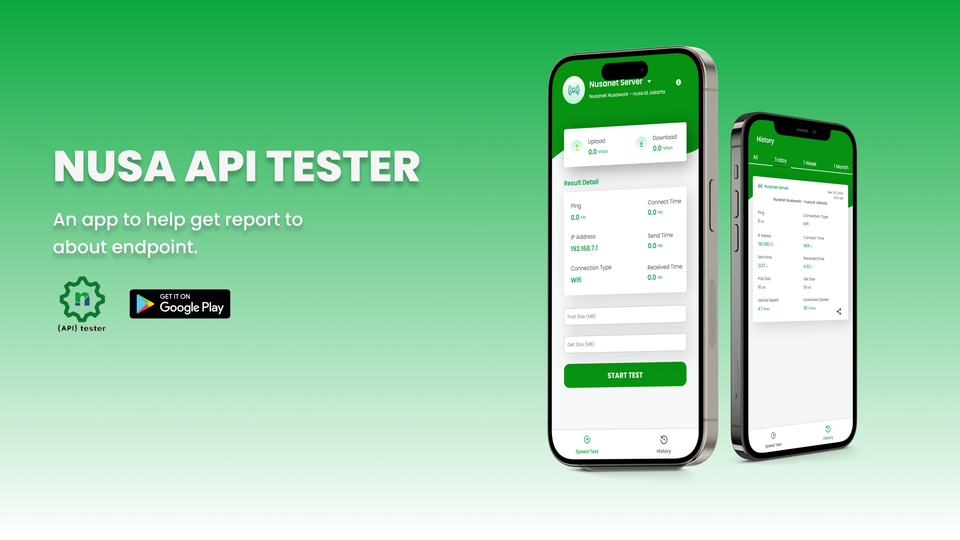 Desain UI UX aplikasi mobile untuk layanan API Tester, menampilkan antarmuka pengguna aplikasi dengan tombol dan menu navigasi.