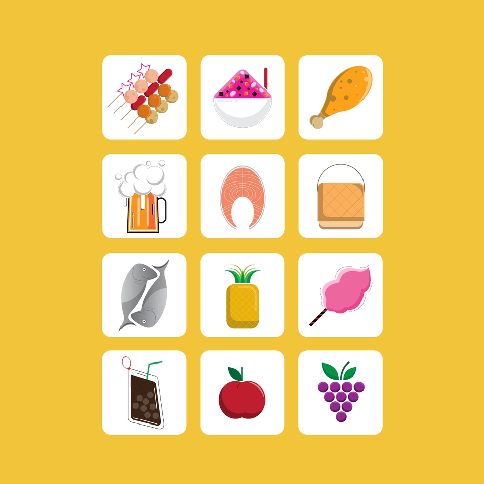ภาพวาดเวกเตอร์ ไอคอนอาหารไทย เช่น ข้าวเหนียวมะม่วง ข้าวมันไก่ ไอศกรีม ผลไม้ และอื่นๆ