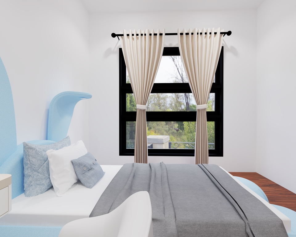 Jasa desain interior 3d untuk kamar tidur minimalis dengan desain jendela dan tirai yang modern.