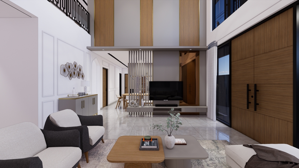 Jasa desain interior rumah modern minimalis dengan desain interior ruang tamu dan ruang makan yang luas dan nyaman