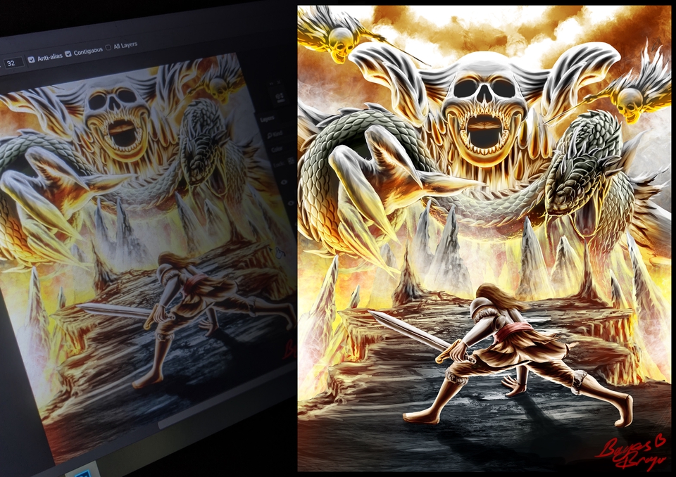 Ilustrasi digital menampilkan makhluk mitos mengerikan dan seorang pejuang dengan pedang