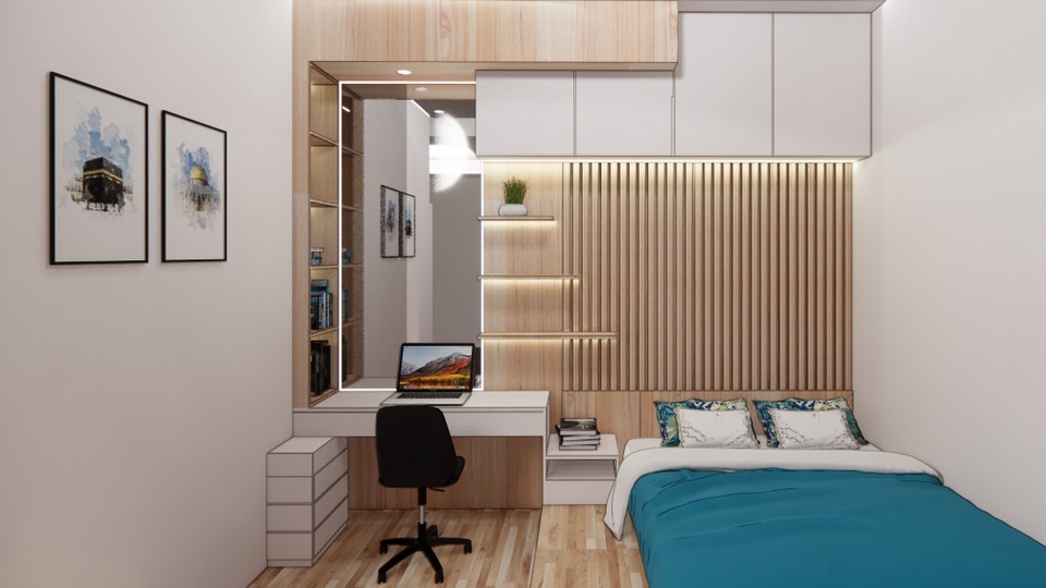 Desain Interior Kamar Tidur Minimalis Modern dengan Meja Kerja dan Cermin