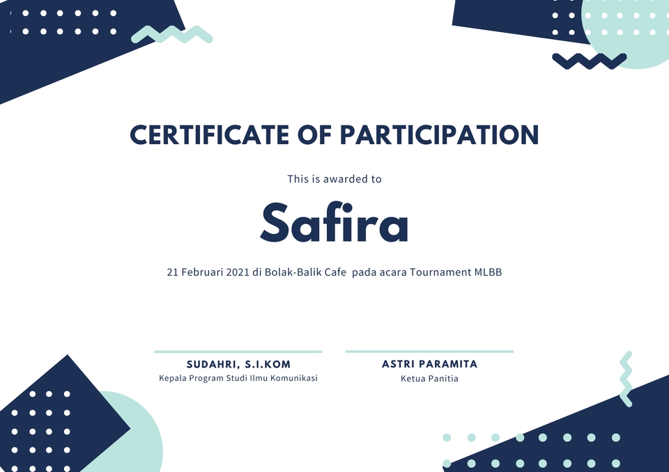 Sertifikat Partisipasi Safira di Tournament MLBB Bolak-Balik Cafe