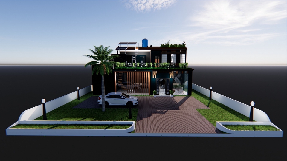 Jasa desain eksterior 3D rumah minimalis modern dengan taman dan lampu taman.