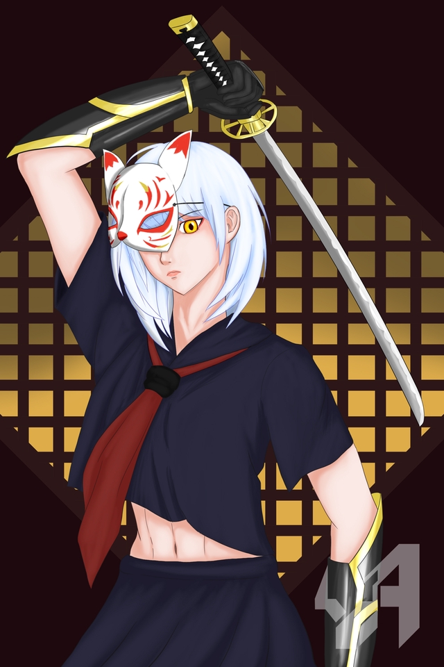 Jasa desain karakter kartun wanita bertopeng rubah dengan pedang dan pakaian bergaya anime.