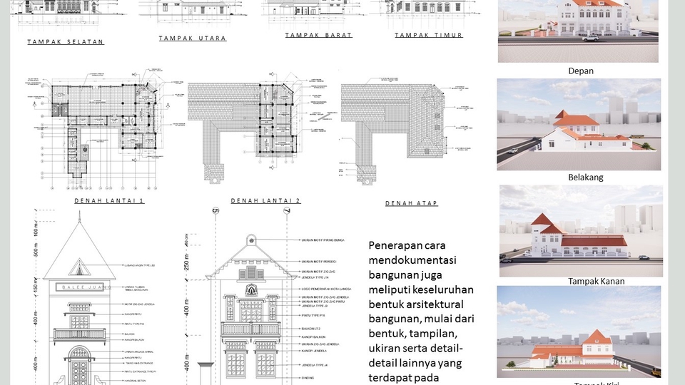 Jasa drafter autocad untuk denah arsitektur bangunan dengan detail gambar tampak depan, tampak samping kanan, tampak belakang, tampak atas, tampak utara, tampak selatan, tampak timur, dan tampak barat.