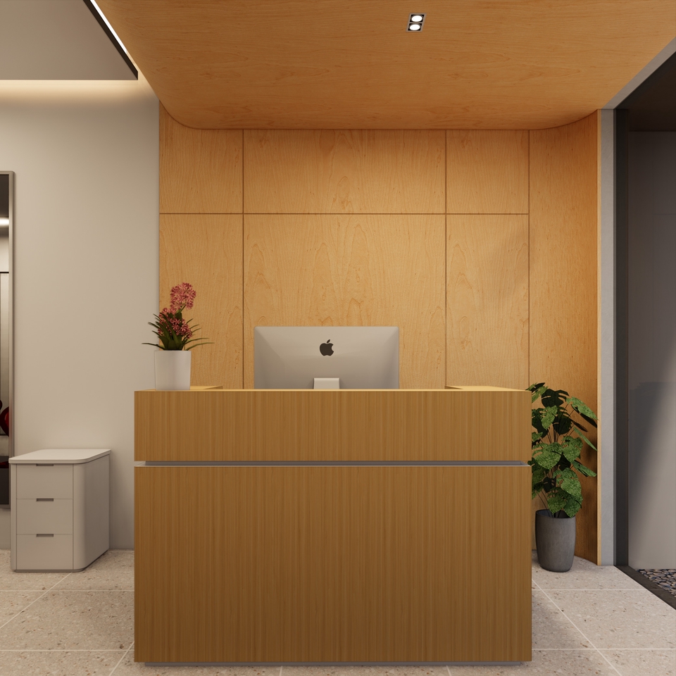 Desain meja resepsionis minimalis dengan material kayu yang elegan dan modern untuk ruang tunggu kantor atau usaha anda.