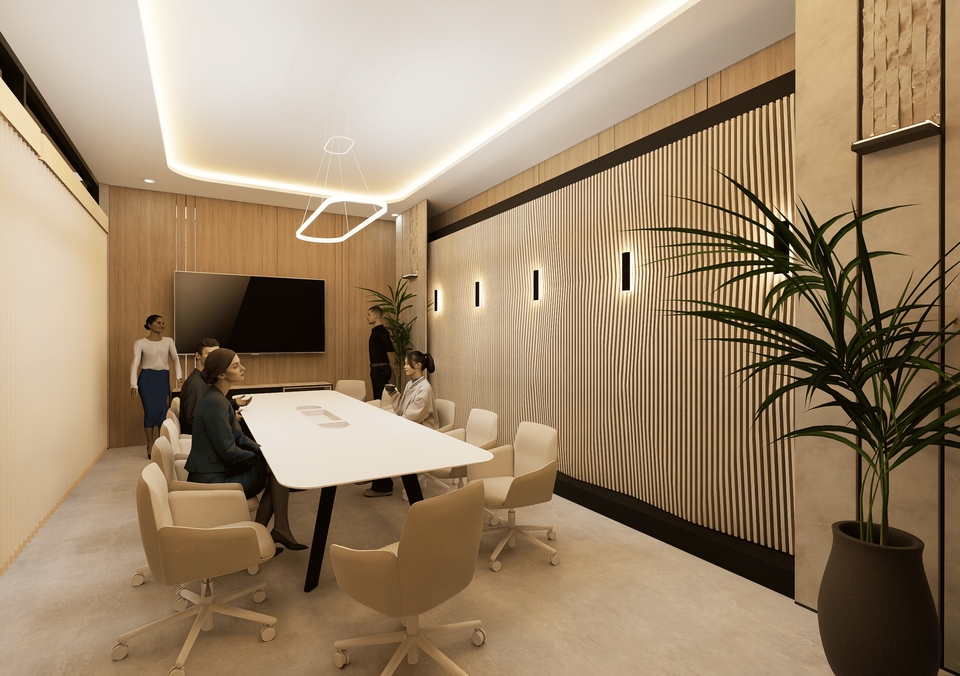 Desain interior kantor minimalis modern dengan meja meeting dan kursi.