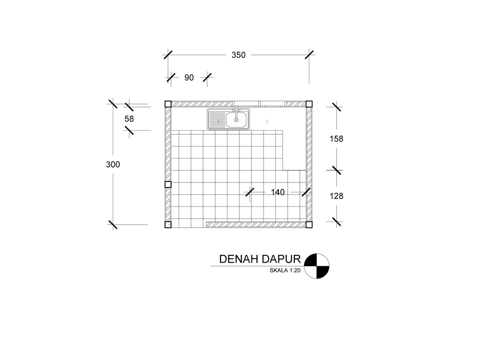 Jasa drafter autocad untuk desain denah dapur 3d dengan ukuran 350x300cm
