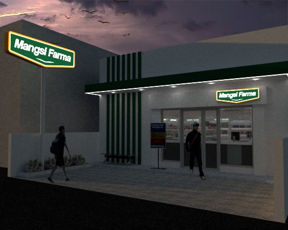 Jasa desain exterior 3d untuk toko Mangsi Farma dengan desain minimalis modern dan estetis