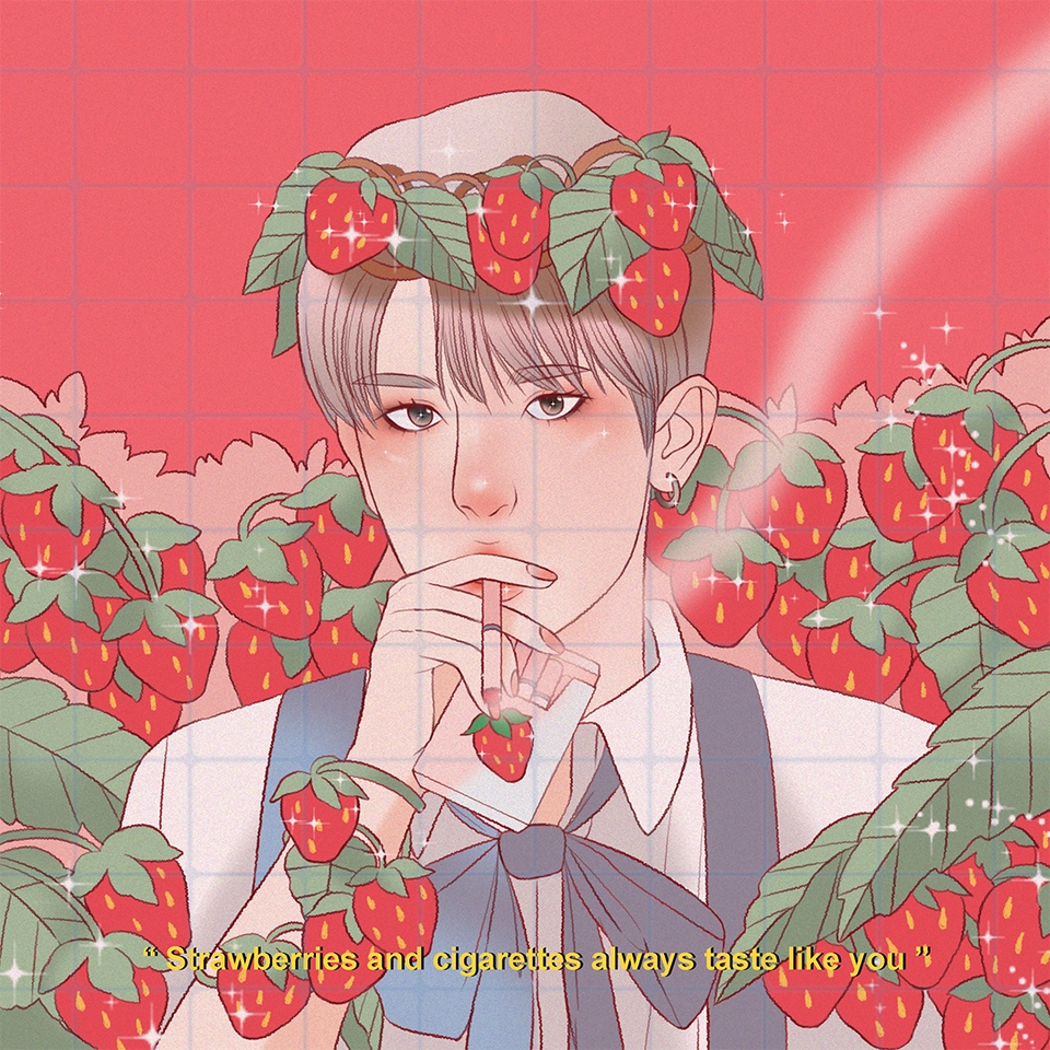 รับวาดภาพเหมือนการ์ตูน คนหนุ่มในชุดเสื้อผ้าสีน้ำเงินสไตล์วินเทจ โพสท่าเท่ๆ ถือบุหรี่พร้อมสตรอเบอร์รี่