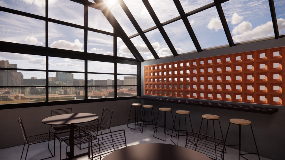 Desain interior kafe minimalis dengan jendela kaca besar dan dinding bata ekspos untuk inspirasi desain cafe anda.