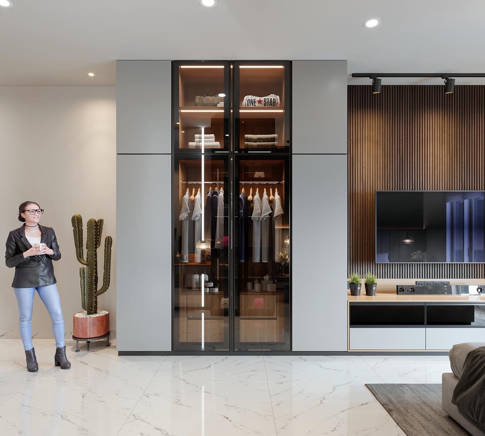 Desain lemari pakaian minimalis dengan kaca dan rak penyimpanan di dalam ruang tamu, inspirasi desain interior rumah modern.