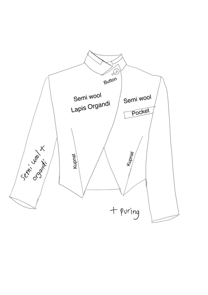 Desain baju wanita modern dengan kombinasi bahan semi wol dan lapis organdi.