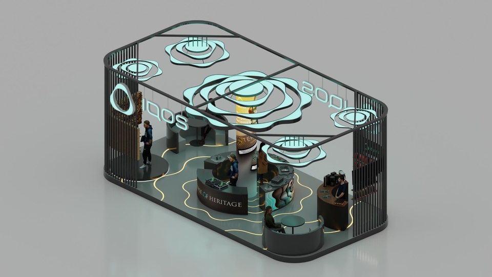 Desain booth pameran minimalis untuk promosi produk dengan tema modern dan unik.