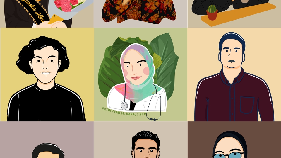 Jasa ilustrasi kartun berbagai karakter dengan gaya unik dan modern. Ilustrasi desain karakter kartun, ilustrasi digital, desain grafis, jasa pembuatan karakter.