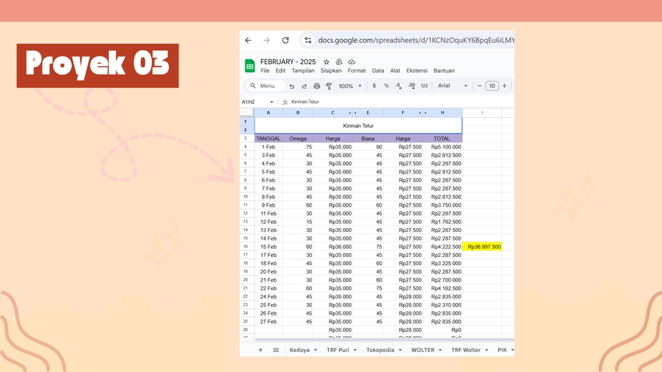 Jasa data entry excel untuk mengumpulkan data dalam bentuk tabel dengan kolom harga, total, dan tanggal.