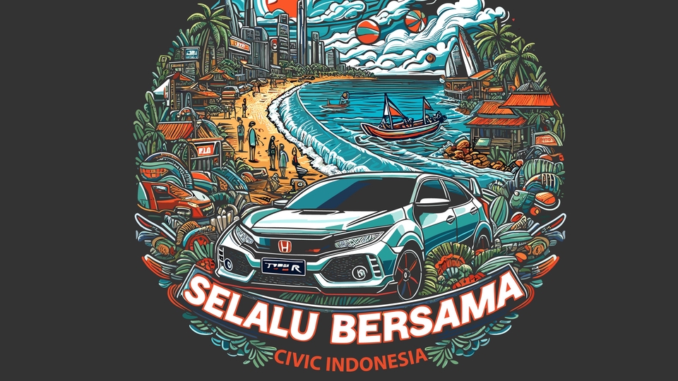 Desain kaos custom dengan tema liburan dan mobil Honda Civic, desain kaos distro keren dengan gambar pemandangan pantai, desain kaos dengan tulisan "Selalu Bersama" dan logo Honda Civic