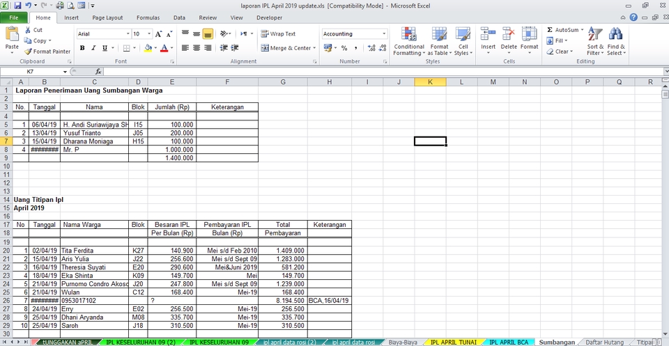 Jasa data entry excel untuk laporan penerimaan uang sumbangan warga dan gaji karyawan