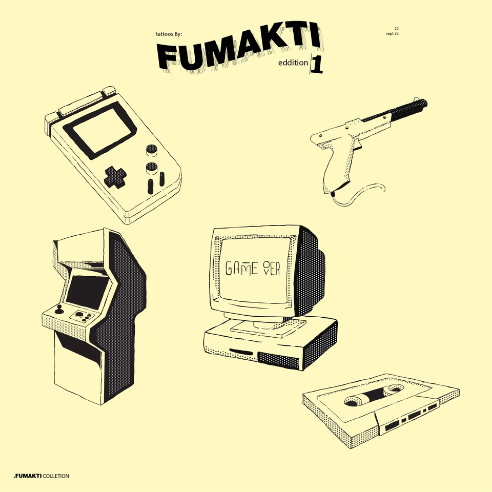 Ilustrasi kartun game klasik dengan warna hitam putih. Gambar ilustrasi vintage game jadul seperti game boy, komputer, dan kaset.