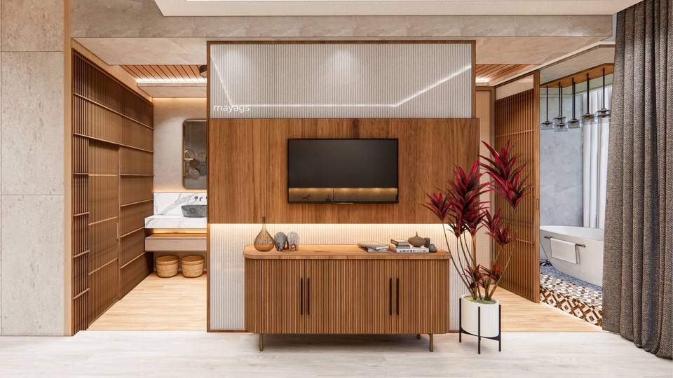 Jasa desain interior ruang tamu minimalis dengan konsep modern 3D.