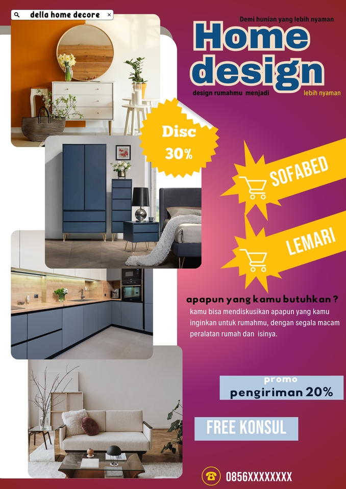 Jasa desain interior rumah dengan berbagai macam pilihan furnitur dan dekorasi dengan harga diskon dan pengiriman gratis.