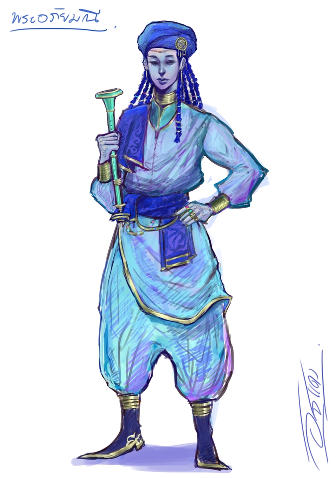 ออกแบบตัวละครเกม นักดนตรีชายแต่งตัวด้วยชุดสีฟ้า