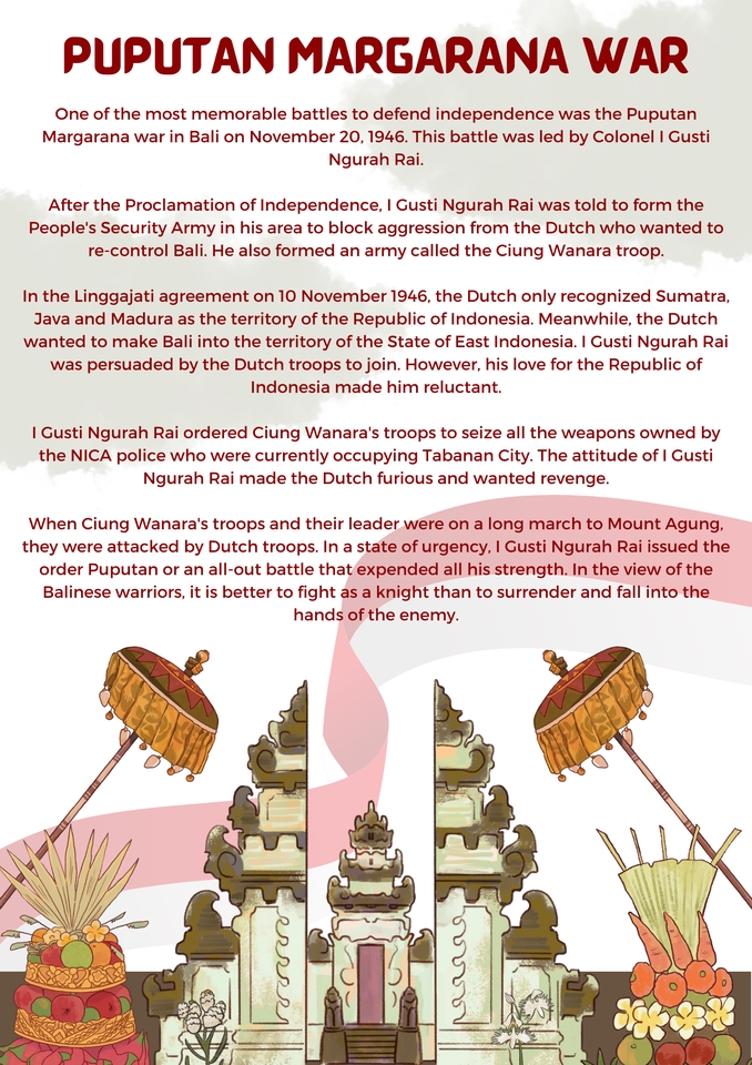 Perang Puputan Margarana: Sejarah Pertempuran di Bali dengan Ilustrasi Candi dan Bendera