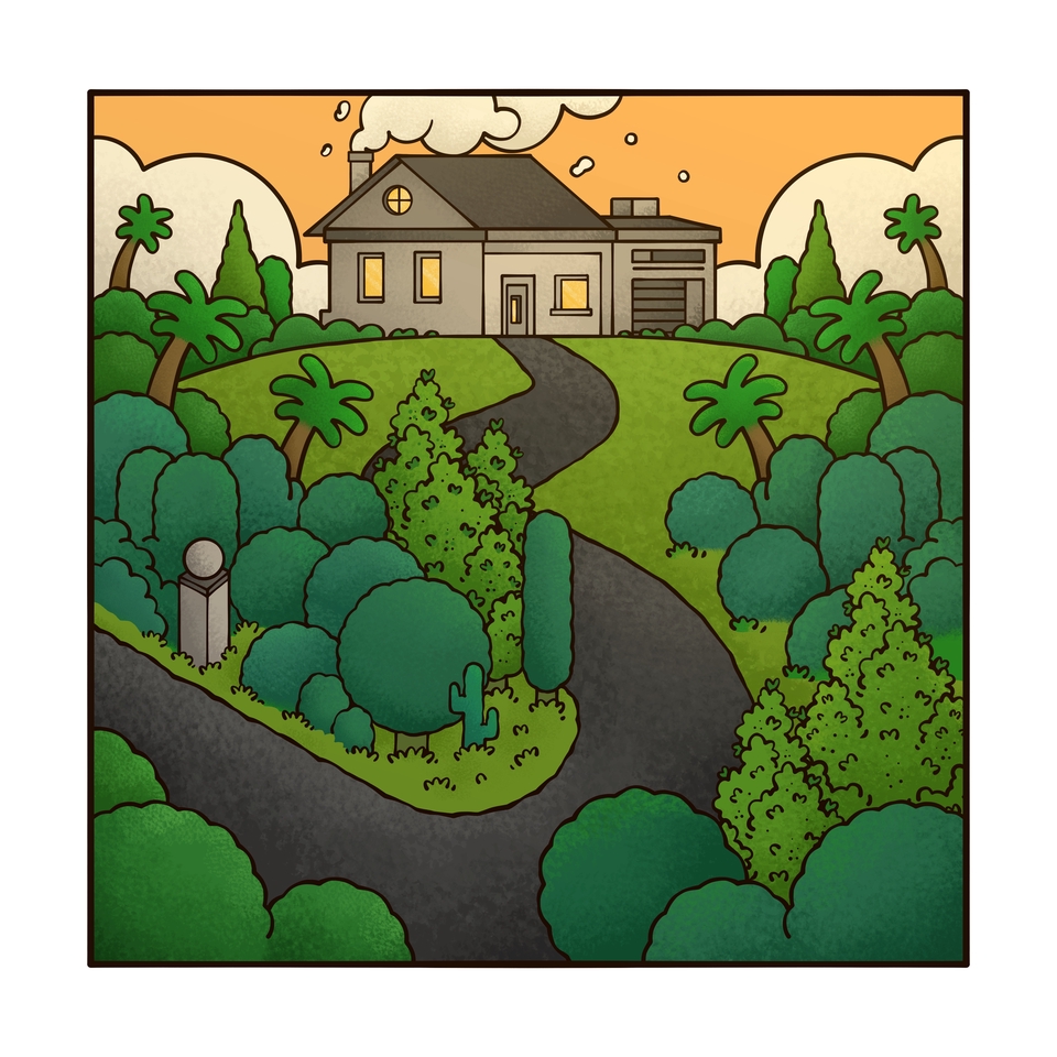 Jasa Ilustrasi Gambar Rumah Dengan Taman Hijau Dan Pohon