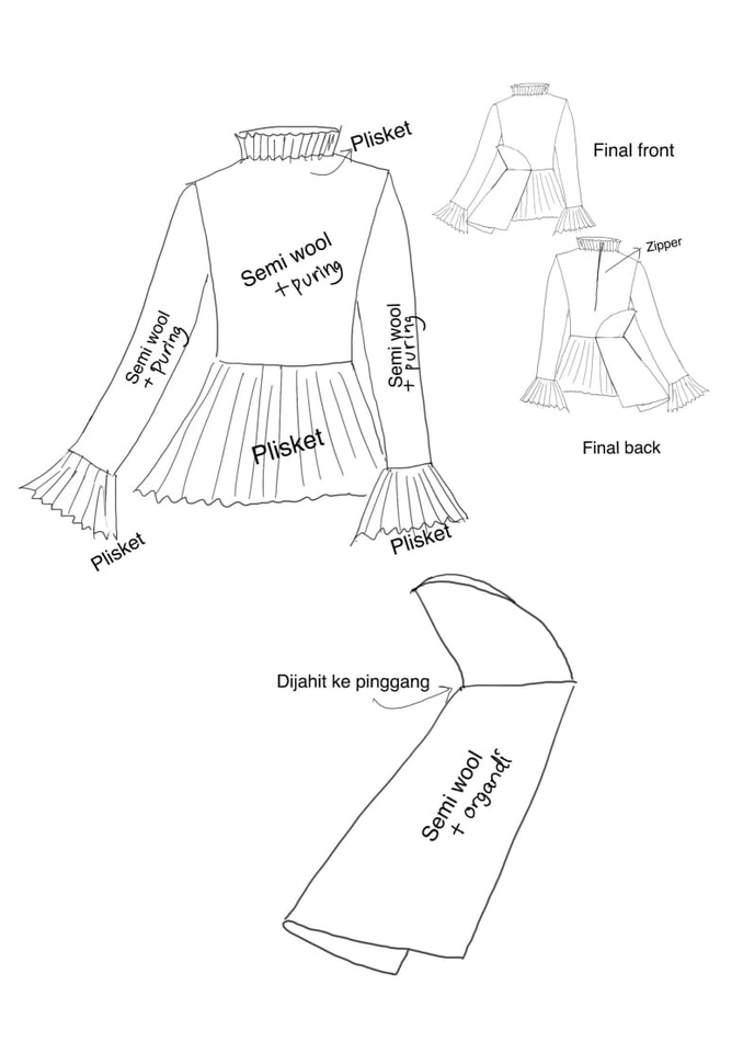 Desain baju wanita dengan detail jahitan dan bahan semi wool serta plisket