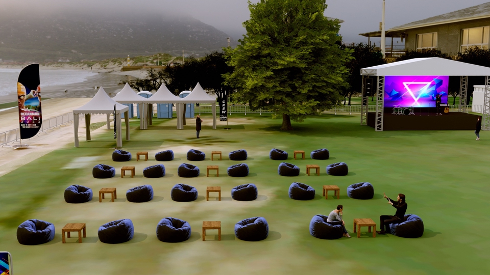 Jasa Desain 3D Exterior: Render Cafe Minimalis dengan Kursi Bean Bag di Area Outdoor