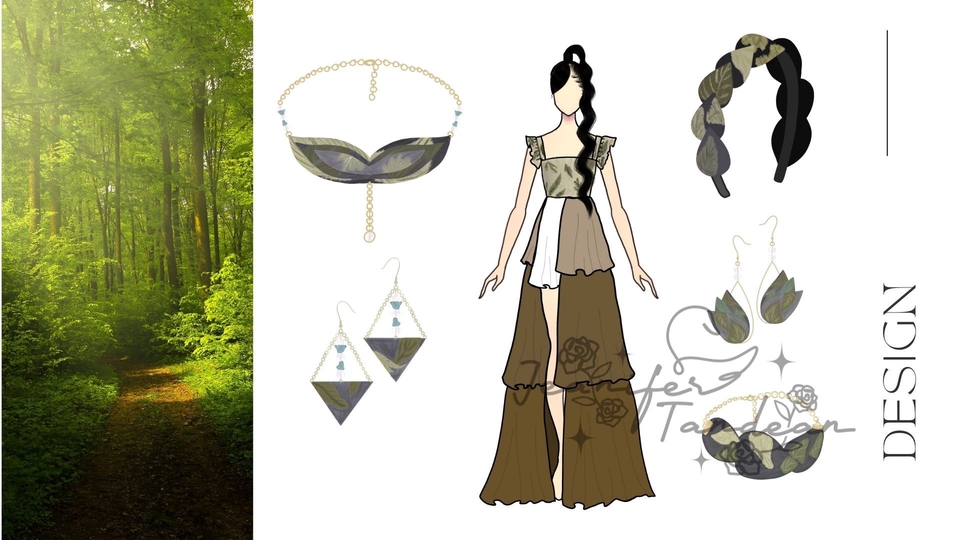 Desain baju wanita modern dengan motif batik dan aksesoris bunga, jasa desain busana dan baju wanita