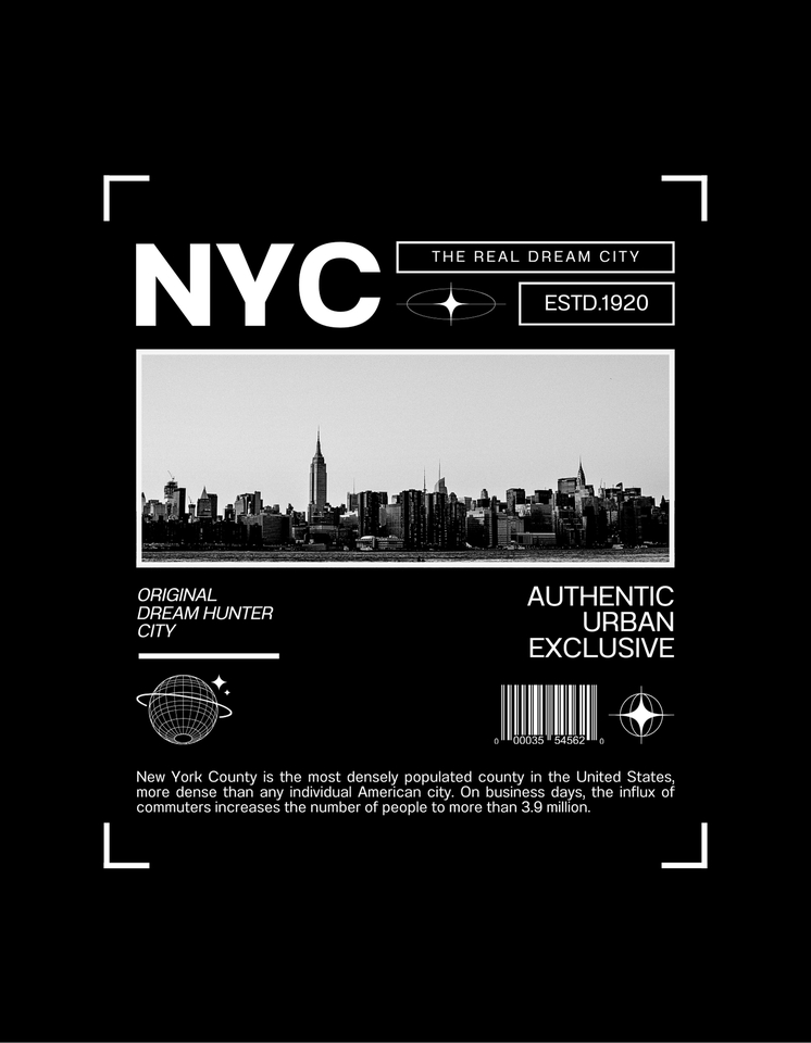 Desain kaos NYC dengan gambar skyline kota New York, cocok untuk desain kaos distro, baju custom, dan jersey.