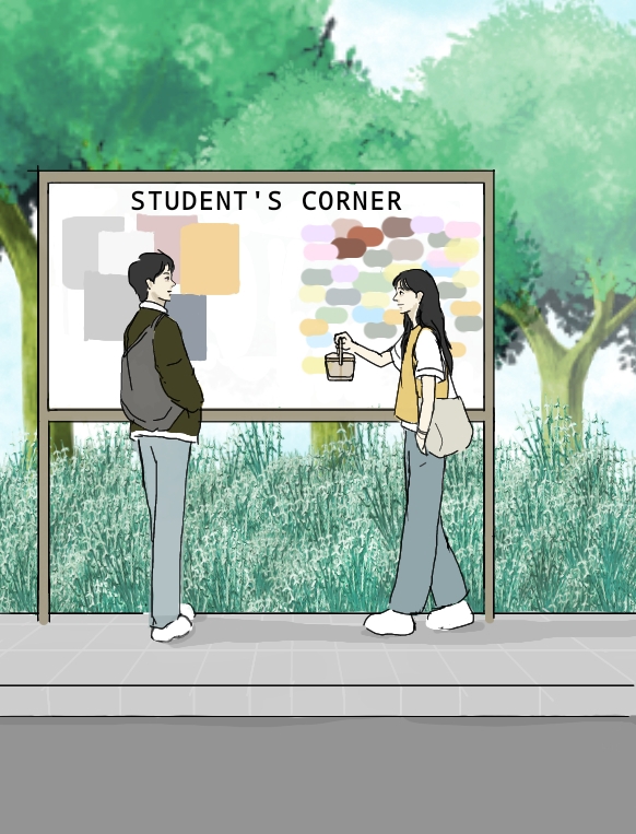 Jasa desain ilustrasi dua orang mahasiswa sedang berdiri di depan papan pengumuman yang bertuliskan "Student's Corner"