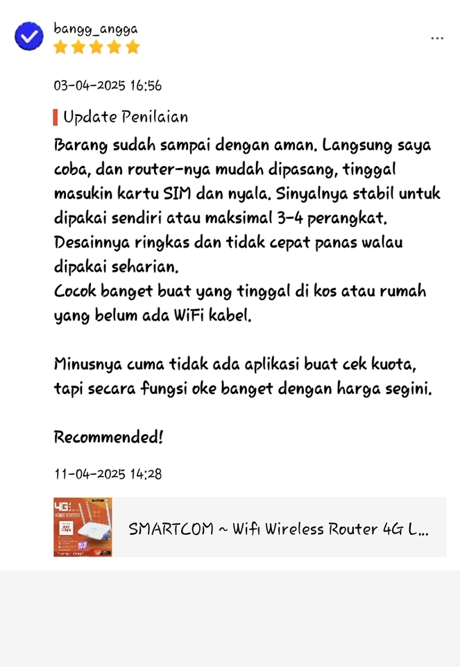 Jasa review produk wifi router Smartcom dengan rating bintang 5