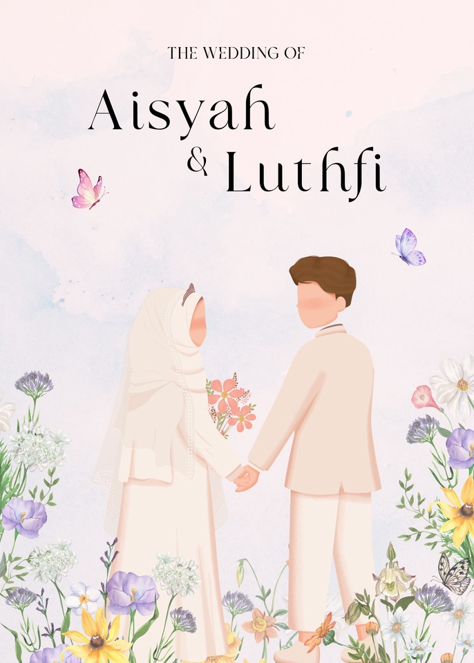 Kartu undangan pernikahan unik dan elegan untuk pasangan Aisyah dan Luthfi, dengan desain bunga dan kupu-kupu yang cantik.