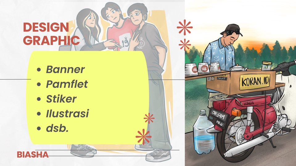 Jasa ilustrasi digital, gambar ilustrasi kartun, sketsa kartun lucu, ilustrasi makanan, ilustrasi buah buahan, desain icon, jasa pembuatan mockup.