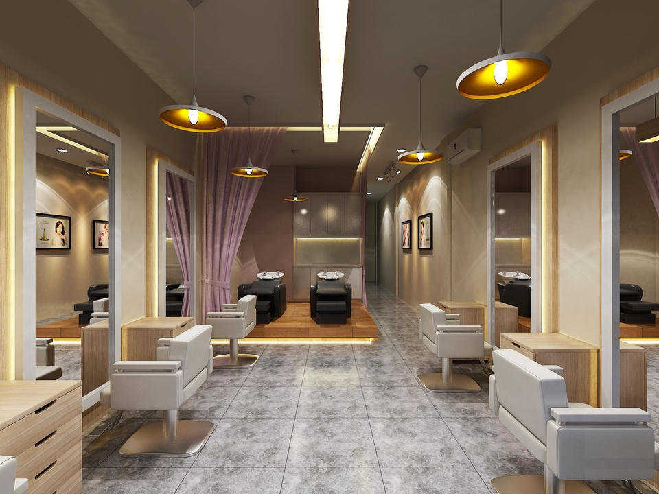 Desain interior salon minimalis modern dengan kursi tunggu dan meja rias.