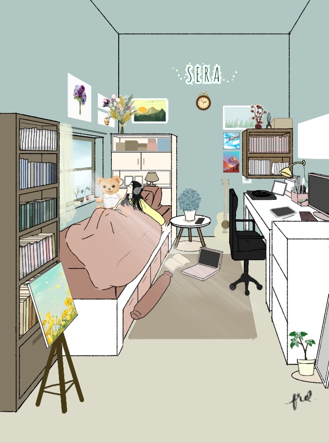 Ilustrasi kartun seorang wanita di kamar tidur dengan buku, tanaman, dan laptop.