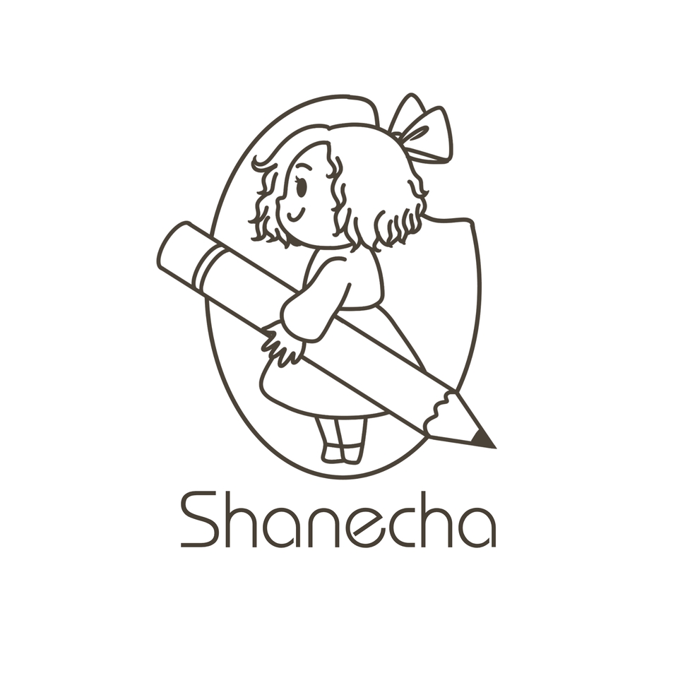 Logo desain untuk freelance platform Shanecha. Desain logo menampilkan seorang wanita dengan pita di rambut memegang pensil yang di dalam lingkaran.