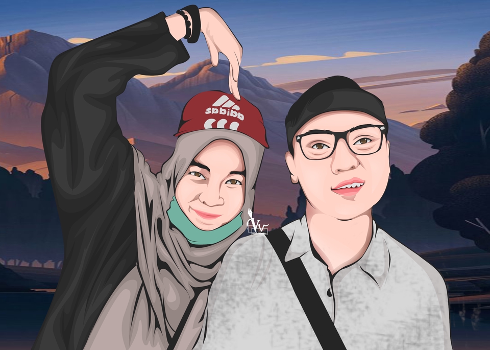 Jasa karikatur freelance, gambar kartun wajah dua orang, hitam putih, desain vektor