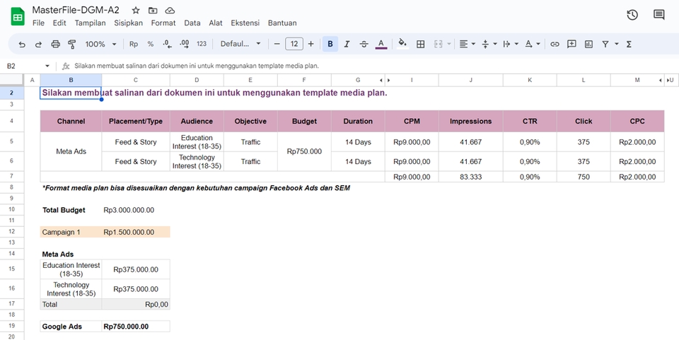 Jasa iklan Facebook dan Instagram - Template media plan untuk digital marketing di Google Sheets.