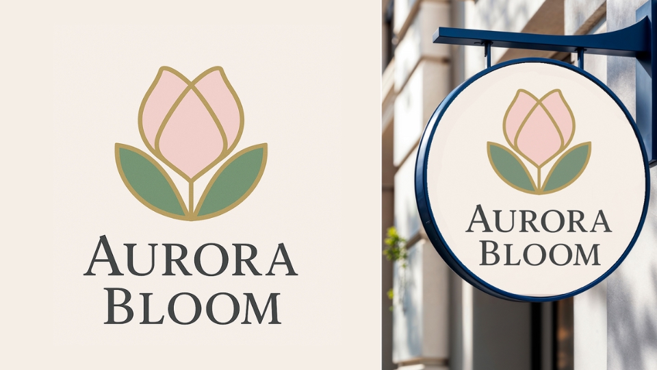 Logo Aurora Bloom dengan desain bunga tulip berwarna pink dan hijau.