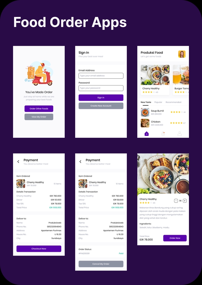 Jasa pembuatan aplikasi mobile makanan - fitur pesan makanan, pembayaran dan pelacakan pesanan - aplikasi android dan ios - UI UX design